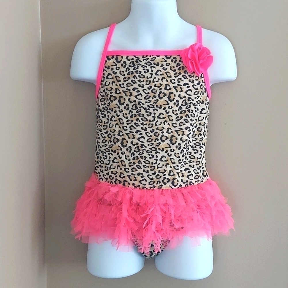 Flapdoodles 2 pc leopard print tankini swimsuit with hot pink ruffles - size 6